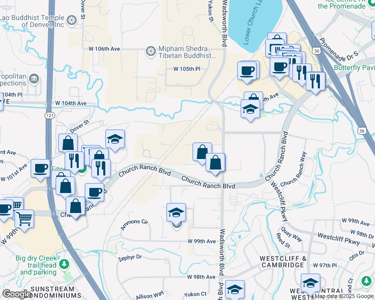 map of restaurants, bars, coffee shops, grocery stores, and more near 7880 West 102nd Place in Westminster