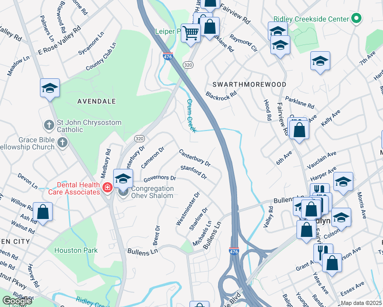 map of restaurants, bars, coffee shops, grocery stores, and more near 227 Canterbury Drive in Delaware County