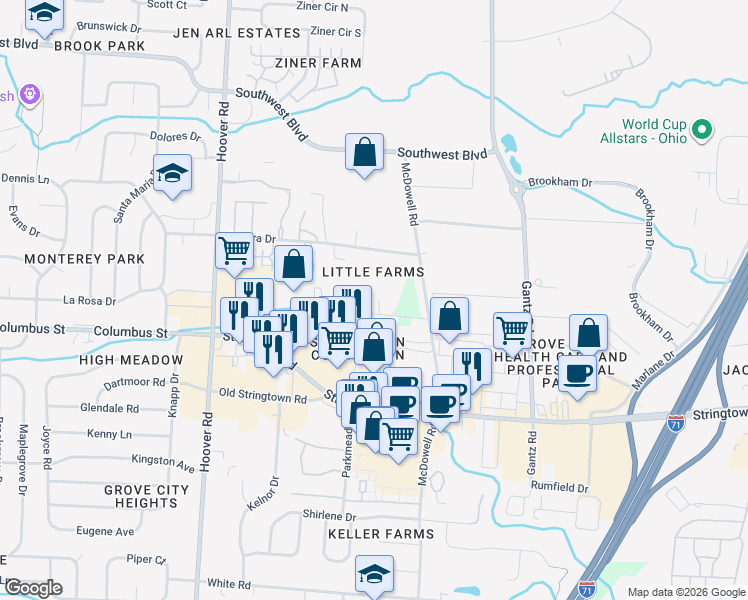 map of restaurants, bars, coffee shops, grocery stores, and more near 2172 Edwards Road in Grove City