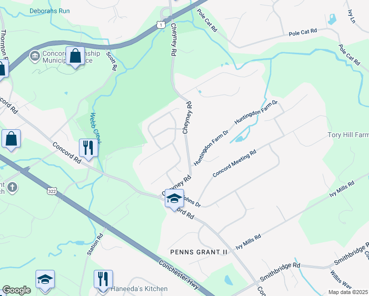 map of restaurants, bars, coffee shops, grocery stores, and more near 23 Annesley Drive in Delaware County