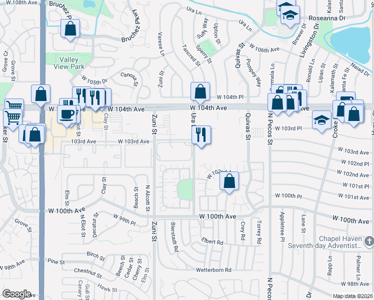 map of restaurants, bars, coffee shops, grocery stores, and more near 10211 Ura Lane in Thornton