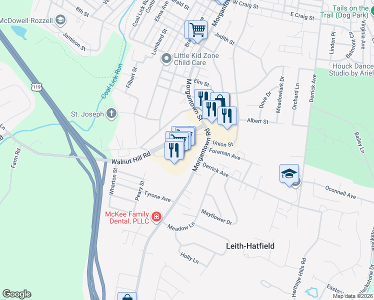 map of restaurants, bars, coffee shops, grocery stores, and more near 114 Walnut Hill Road in Uniontown