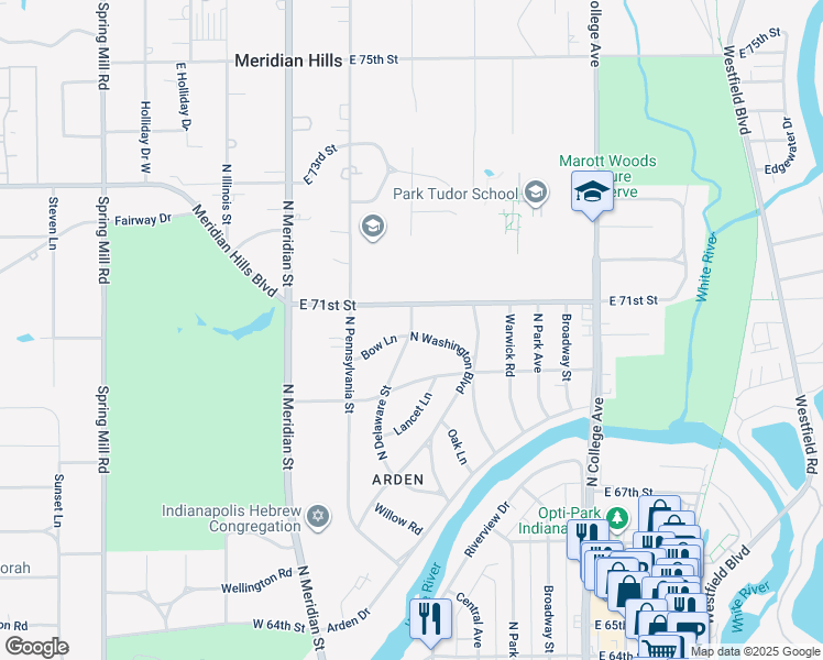 map of restaurants, bars, coffee shops, grocery stores, and more near 7070 Washington Boulevard West in Indianapolis