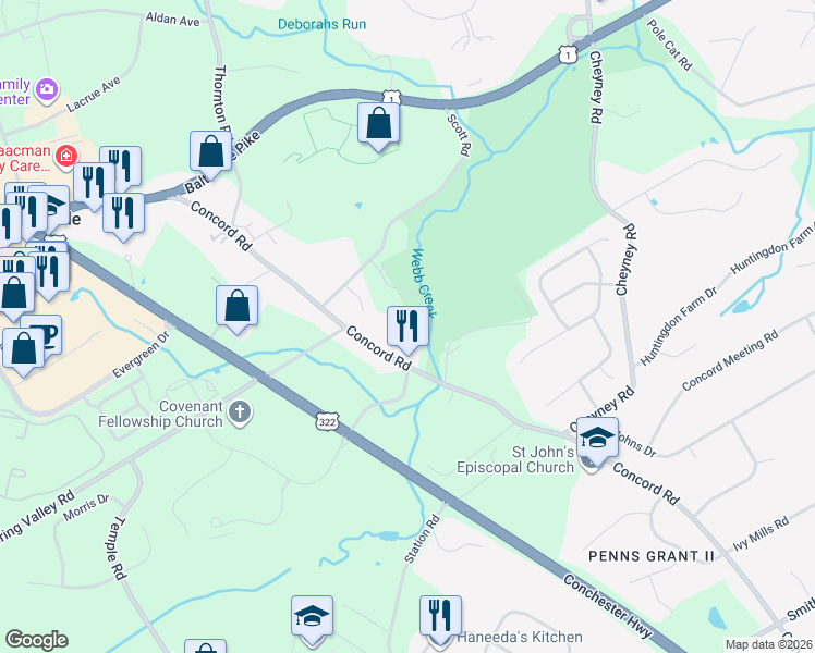 map of restaurants, bars, coffee shops, grocery stores, and more near 41 Scott Road in Delaware County
