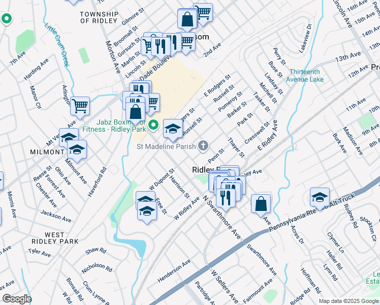 map of restaurants, bars, coffee shops, grocery stores, and more near 505 Tome Street in Ridley Park