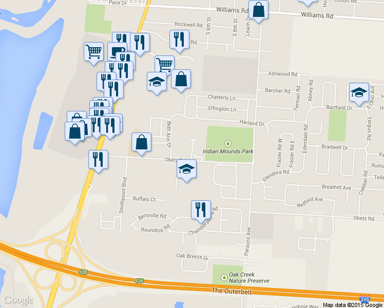 map of restaurants, bars, coffee shops, grocery stores, and more near 3925 Rosland Drive in Columbus