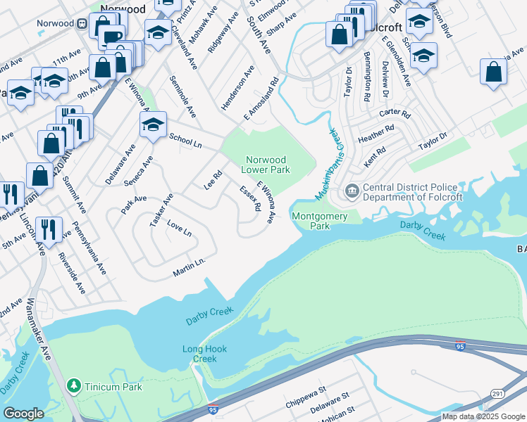 map of restaurants, bars, coffee shops, grocery stores, and more near 519 Essex Road in Norwood