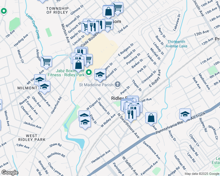 map of restaurants, bars, coffee shops, grocery stores, and more near 505 Tome Street in Ridley Park