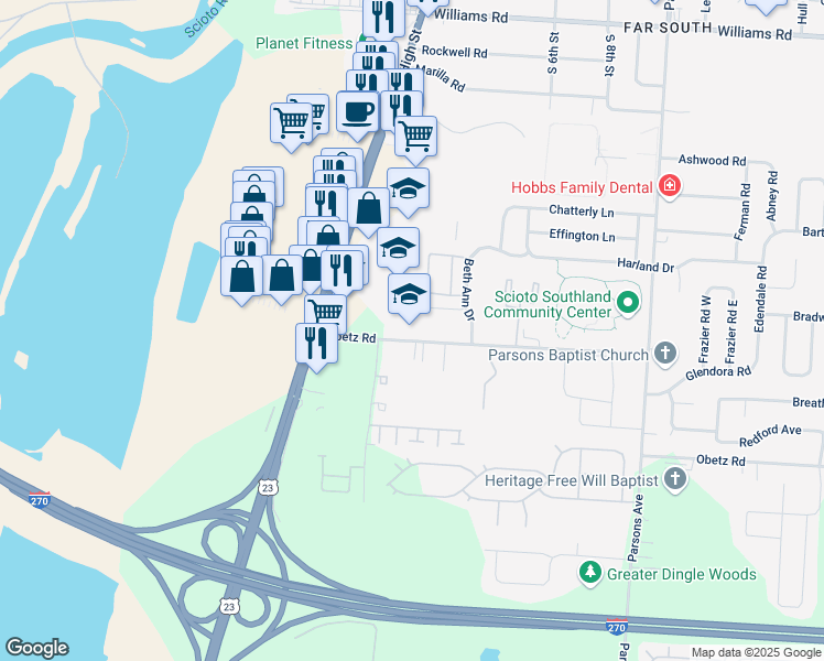 map of restaurants, bars, coffee shops, grocery stores, and more near 122 Obetz Road in Columbus