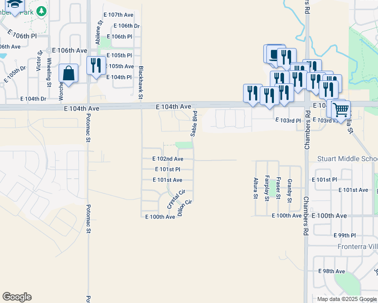 map of restaurants, bars, coffee shops, grocery stores, and more near 14472 East 102nd Place in Commerce City