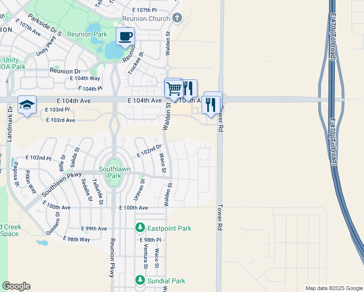 map of restaurants, bars, coffee shops, grocery stores, and more near 10219 Yampa Street in Commerce City