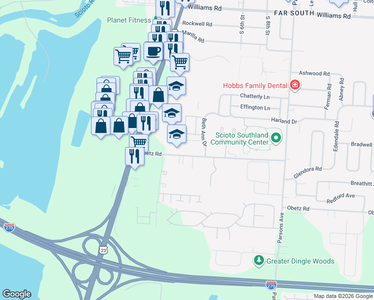 map of restaurants, bars, coffee shops, grocery stores, and more near 122 Obetz Road in Columbus