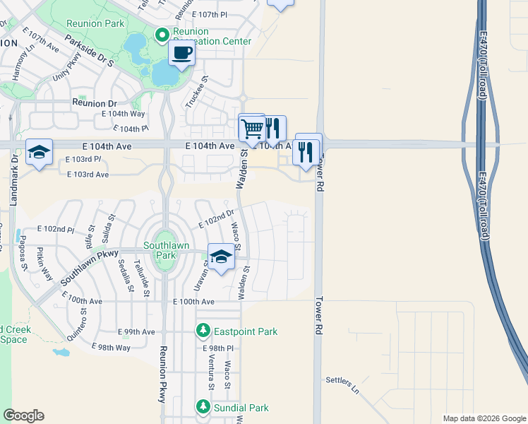 map of restaurants, bars, coffee shops, grocery stores, and more near 10219 Yampa Street in Commerce City