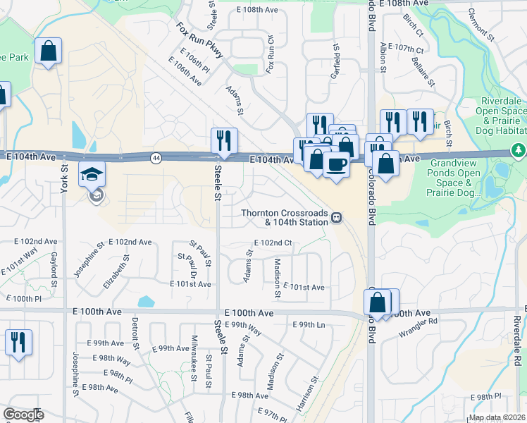 map of restaurants, bars, coffee shops, grocery stores, and more near 3242 East 102nd Place in Thornton