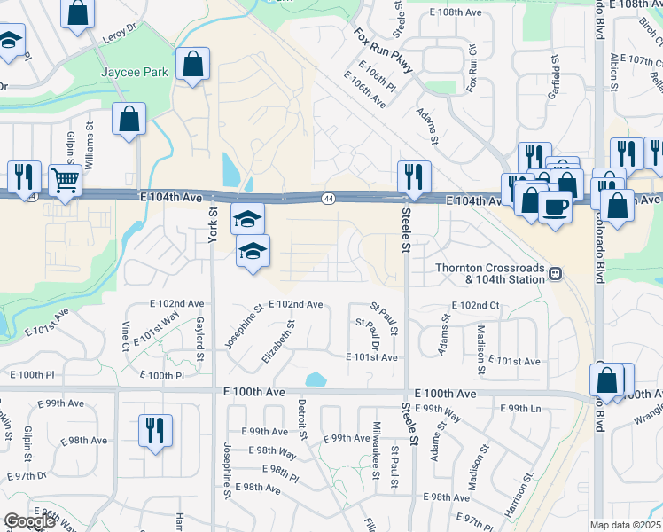 map of restaurants, bars, coffee shops, grocery stores, and more near 2849 East 102nd Avenue in Thornton