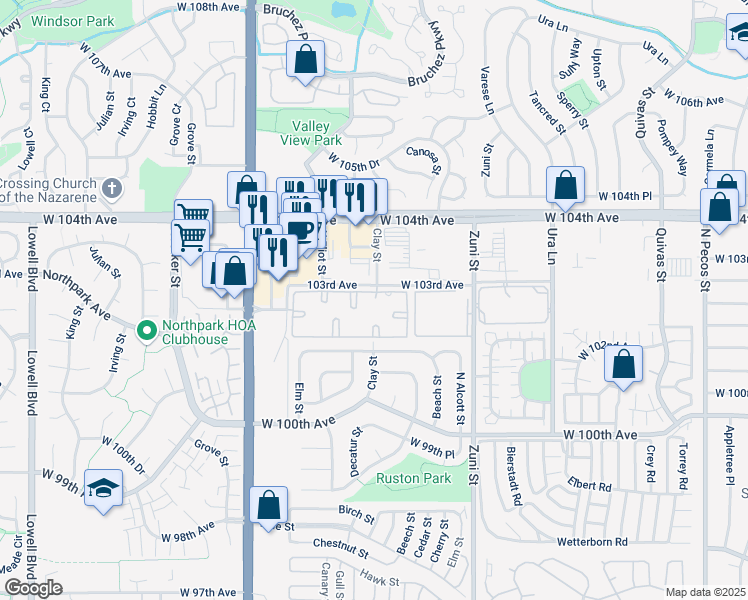 map of restaurants, bars, coffee shops, grocery stores, and more near 2600 West 103rd Avenue in Federal Heights