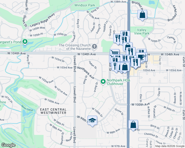 map of restaurants, bars, coffee shops, grocery stores, and more near 10197 Julian Way in Westminster