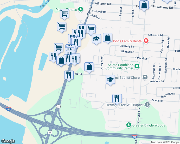 map of restaurants, bars, coffee shops, grocery stores, and more near 122 Obetz Road in Columbus