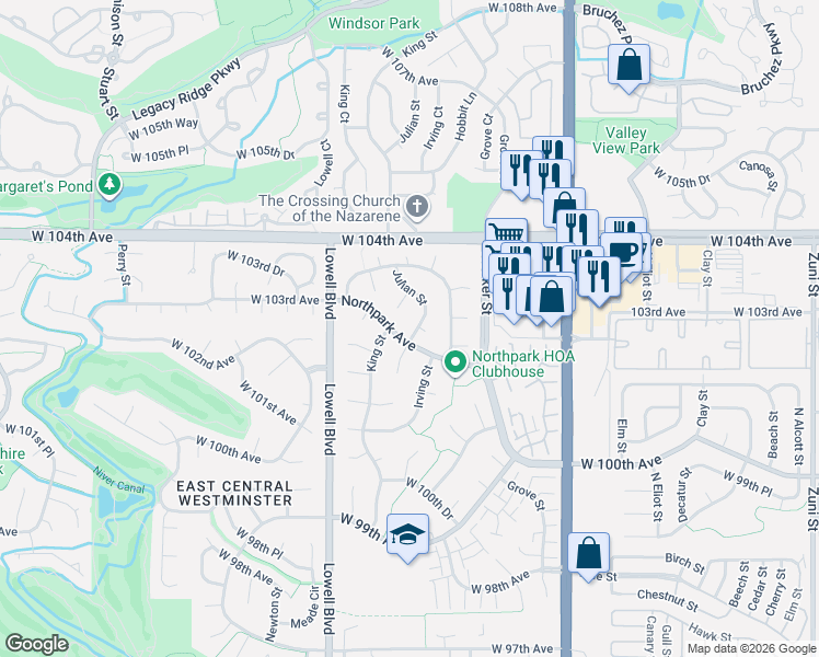 map of restaurants, bars, coffee shops, grocery stores, and more near 10197 Julian Way in Westminster