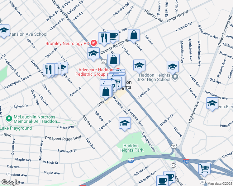 map of restaurants, bars, coffee shops, grocery stores, and more near 528 Station Avenue in Haddon Heights