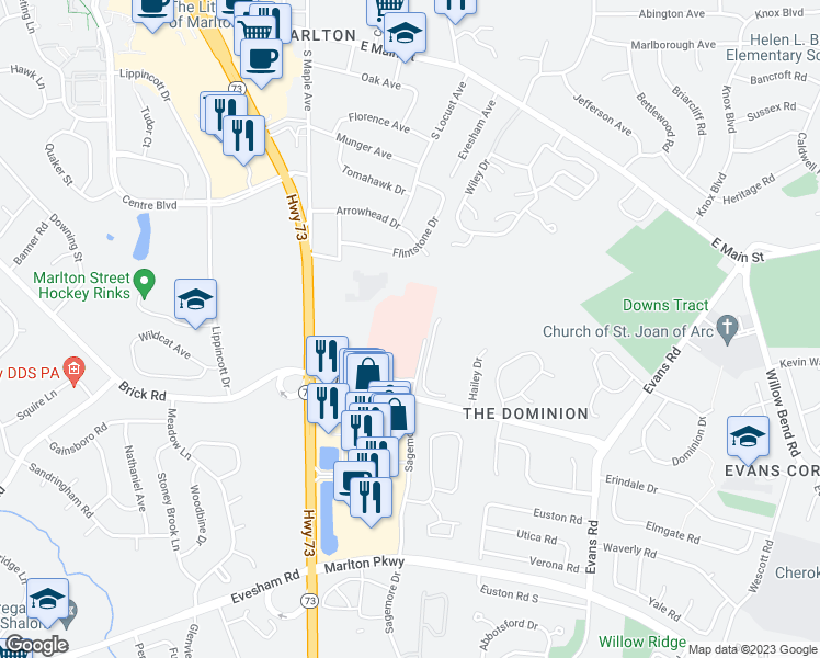 map of restaurants, bars, coffee shops, grocery stores, and more near 92 Brick Road in Evesham