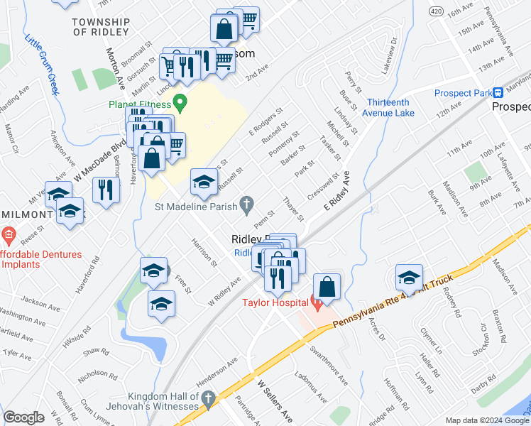 map of restaurants, bars, coffee shops, grocery stores, and more near 401 Morton Avenue in Ridley Park