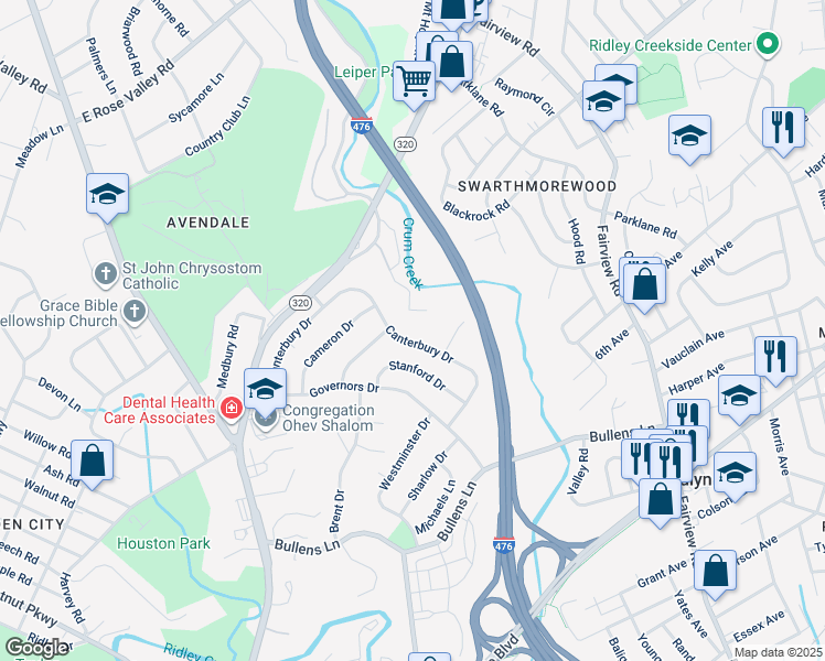 map of restaurants, bars, coffee shops, grocery stores, and more near 227 Canterbury Drive in Delaware County