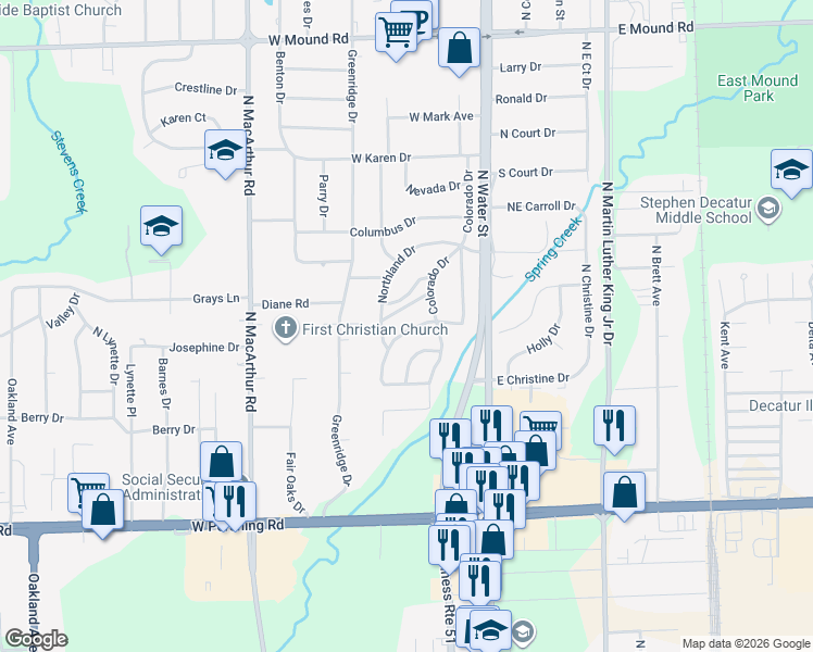 map of restaurants, bars, coffee shops, grocery stores, and more near 16 Northland Drive in Decatur
