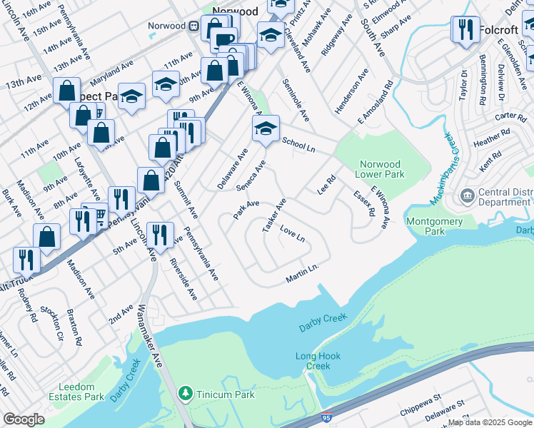 map of restaurants, bars, coffee shops, grocery stores, and more near 325 Love Lane in Norwood