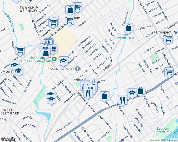 map of restaurants, bars, coffee shops, grocery stores, and more near 208 Penn Street in Ridley Park