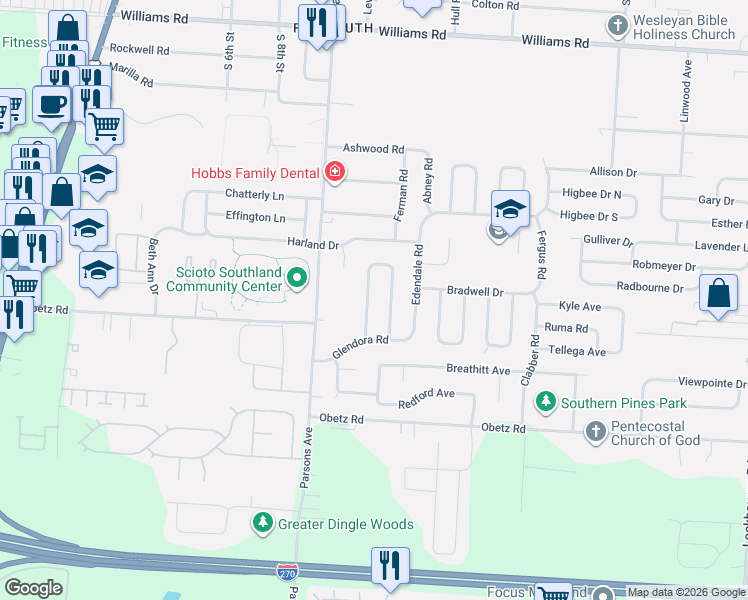 map of restaurants, bars, coffee shops, grocery stores, and more near 3916 Frazier Road North in Columbus