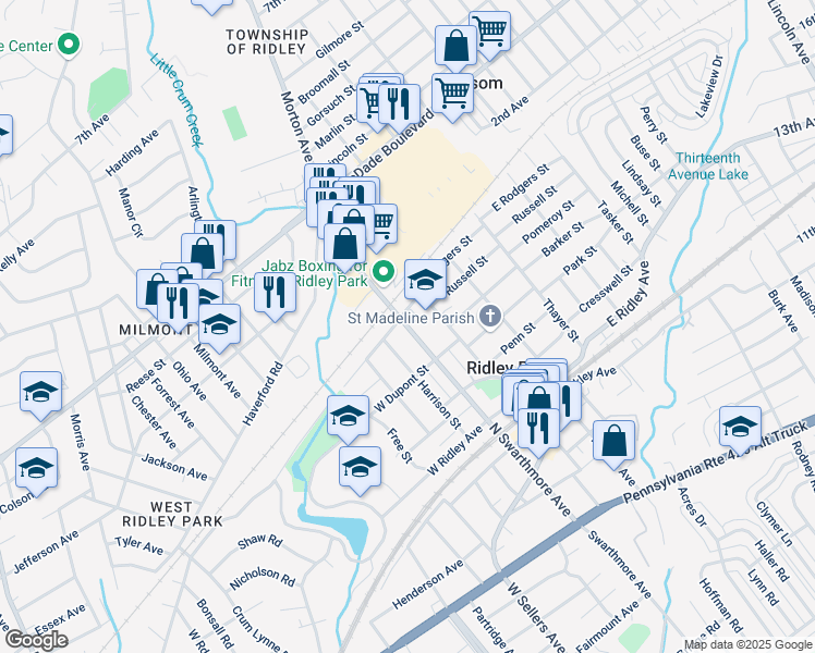 map of restaurants, bars, coffee shops, grocery stores, and more near 539 North Swarthmore Avenue in Ridley Park