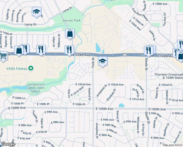 map of restaurants, bars, coffee shops, grocery stores, and more near 10250 York Place in Thornton