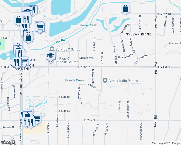 map of restaurants, bars, coffee shops, grocery stores, and more near 7006 North Tuxedo Street in Indianapolis