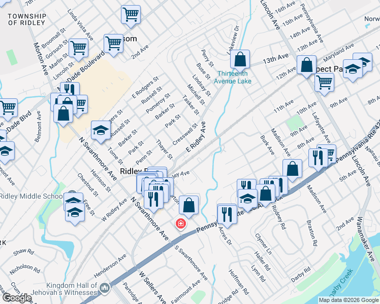 map of restaurants, bars, coffee shops, grocery stores, and more near 315 East Hinckley Avenue in Ridley Park