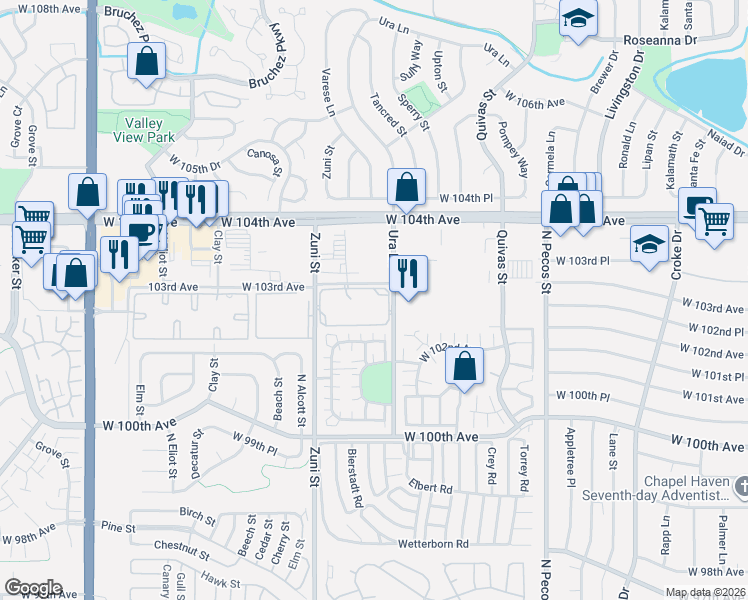 map of restaurants, bars, coffee shops, grocery stores, and more near 10211 Ura Lane in Thornton