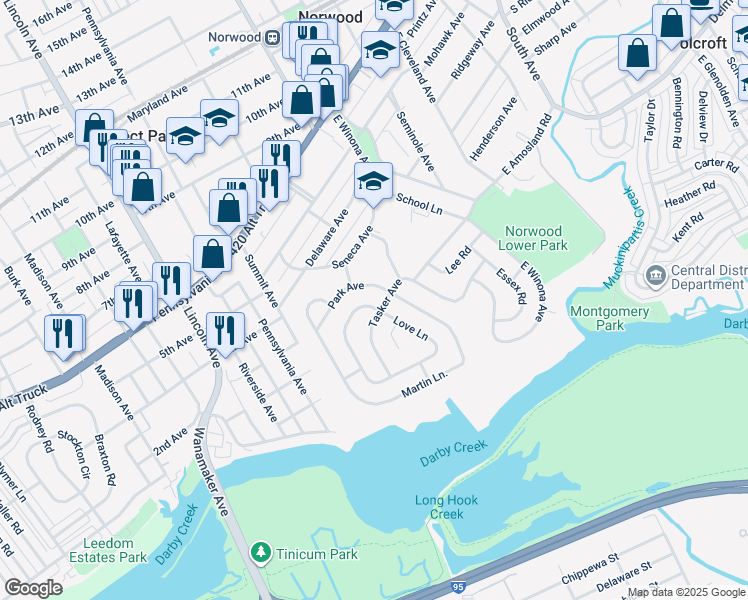 map of restaurants, bars, coffee shops, grocery stores, and more near 325 Love Lane in Norwood