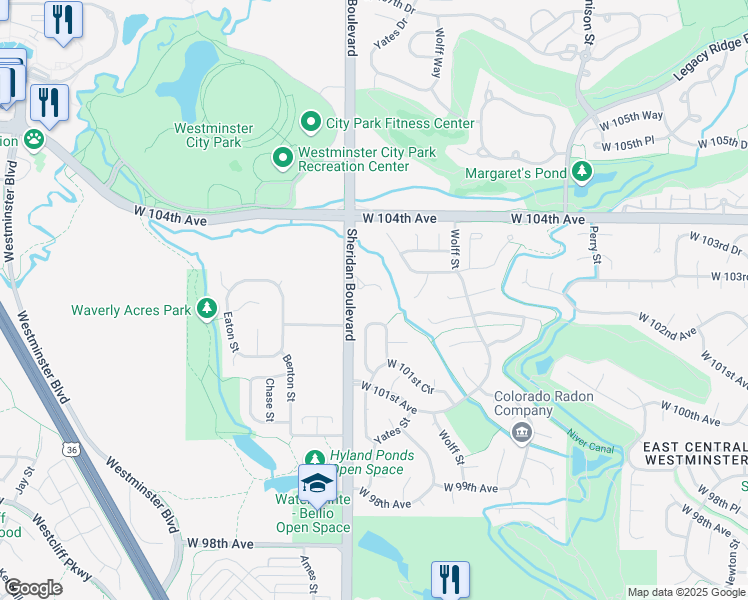map of restaurants, bars, coffee shops, grocery stores, and more near 10280 Sheridan Boulevard in Westminster