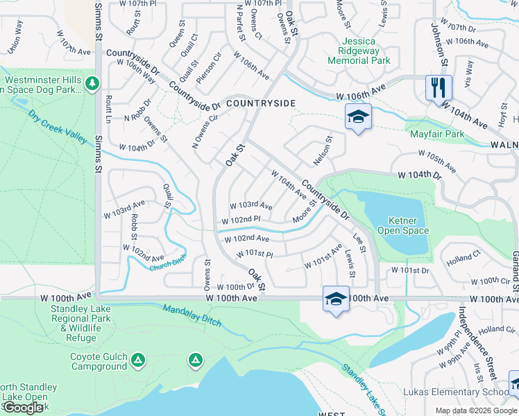 map of restaurants, bars, coffee shops, grocery stores, and more near 10621 West 102nd Place in Westminster