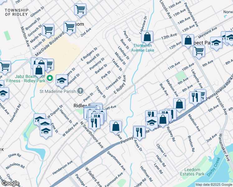 map of restaurants, bars, coffee shops, grocery stores, and more near 315 East Hinckley Avenue in Ridley Park