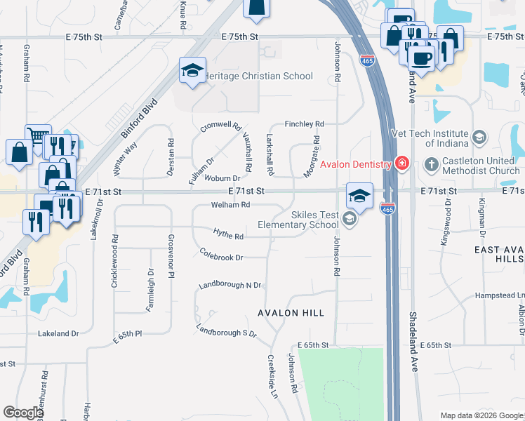 map of restaurants, bars, coffee shops, grocery stores, and more near 6940 Creekside Lane in Indianapolis