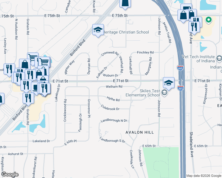map of restaurants, bars, coffee shops, grocery stores, and more near 6314 Hythe Road in Indianapolis