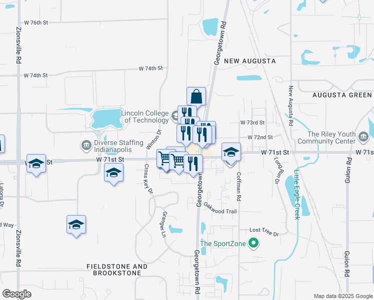 map of restaurants, bars, coffee shops, grocery stores, and more near 5020 West 71st Street in Indianapolis