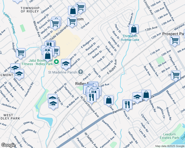 map of restaurants, bars, coffee shops, grocery stores, and more near 208 Penn Street in Ridley Park