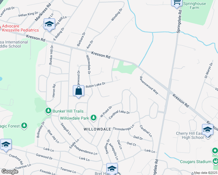 map of restaurants, bars, coffee shops, grocery stores, and more near 26 Robin Lake Drive in Cherry Hill