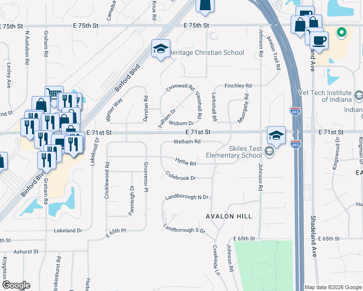 map of restaurants, bars, coffee shops, grocery stores, and more near 6314 Hythe Road in Indianapolis