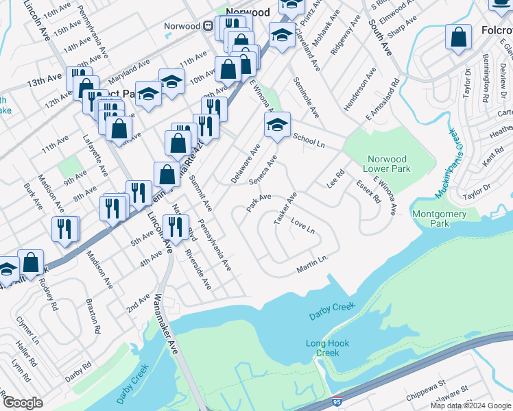 map of restaurants, bars, coffee shops, grocery stores, and more near 328 Park Avenue in Norwood