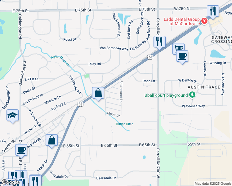 map of restaurants, bars, coffee shops, grocery stores, and more near 12348 Daffodil Court in Indianapolis