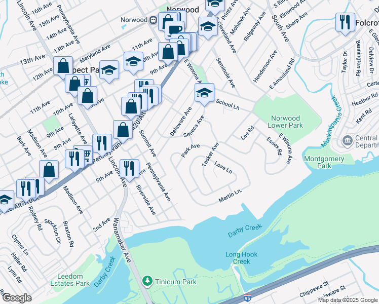 map of restaurants, bars, coffee shops, grocery stores, and more near 328 Park Avenue in Norwood