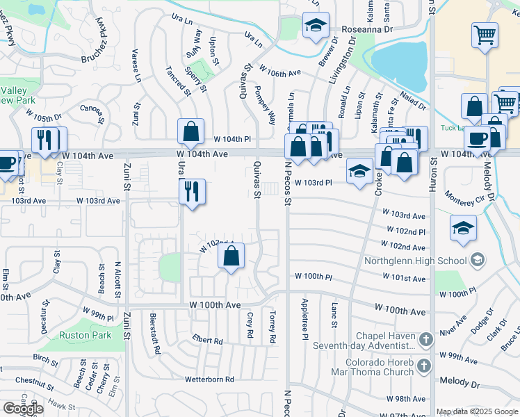 map of restaurants, bars, coffee shops, grocery stores, and more near 10282 Quivas Street in Denver